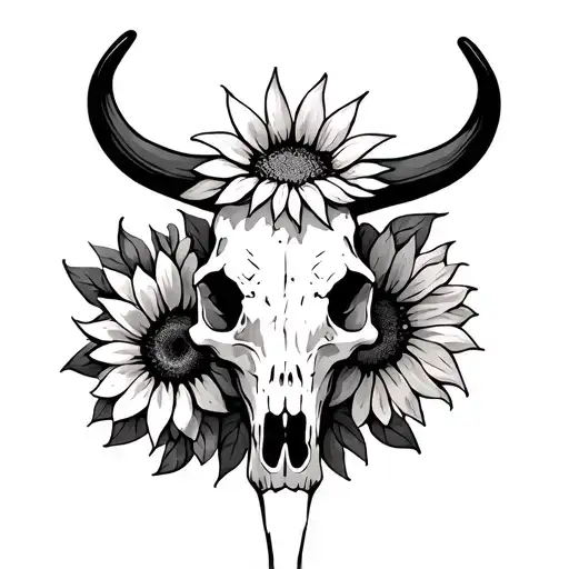 cow skull with sun flowers tattoo design idea
