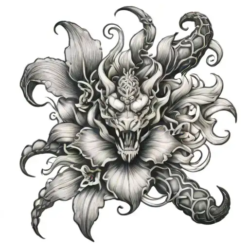 scorpion , orchid, fire , lion face tattoo design idea