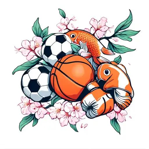 A dynamic and powerful tattoo design featuring various sports equipment like a basketball, soccer ball, and boxing gloves intertwined with elements of Japanese culture such as cherry blossoms and koi fish tattoo design idea