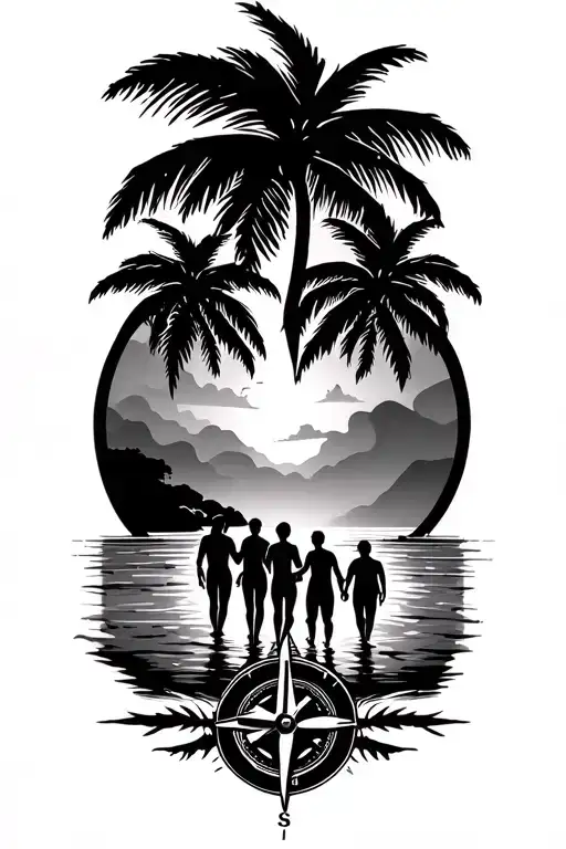 Tropical island with palmtrees, compass floating above the sea, silhouette of family of four looking at the sea tattoo design idea