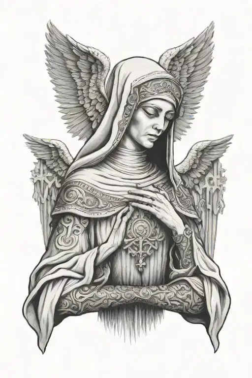 Tattoo in the Orthodox style. Nun angel bowed her head, mantle on her head. Against the background of the church walls tattoo design idea