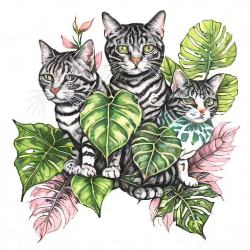 three cats with variegated monstera and pink princess philodendron leaves tattoo design idea