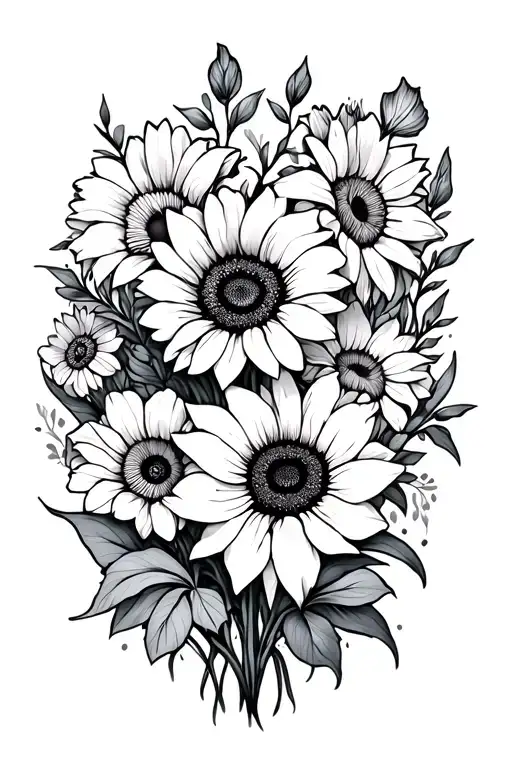 Black and white line drawing hip and upper thigh tattoo with Sunflowers, poppies, iris, violet, honeysuckle, daffodils,  tattoo design idea