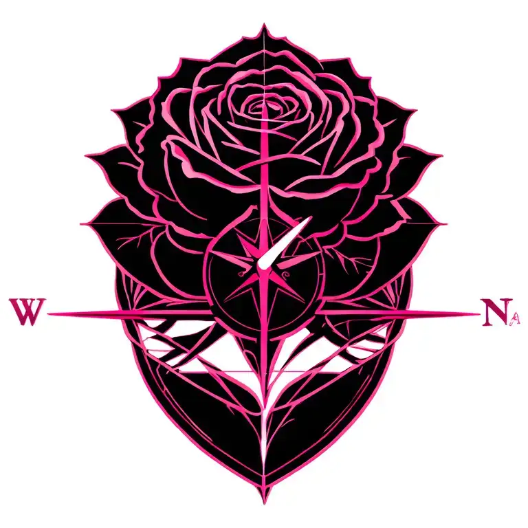 Mix a rose and a graphic style compass with pink names and sasha tattoo design idea