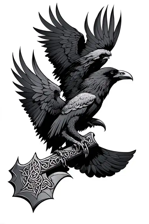 Celtic Ravens Huginn and Muninn Flying over Thor's battle axe tattoo design idea