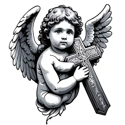 baby angel holding a cross tattoo design idea