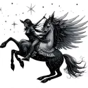 Kiki as a figure riding a Pegasus through a starry sky tattoo design idea