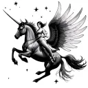 Kiki as a figure riding a Pegasus through a starry sky tattoo design idea