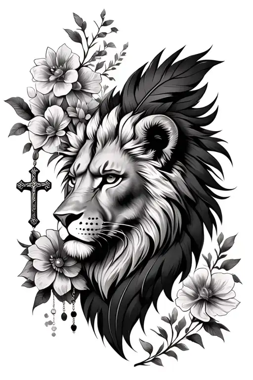 feather -shaped lion head surrounded by various flowers, presence of a rosary with a cross tattoo design idea