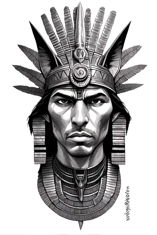Aztec Warrior With Technology With Egyptian God Anubis, Inka Symbolism, All Seing Eye tattoo design idea