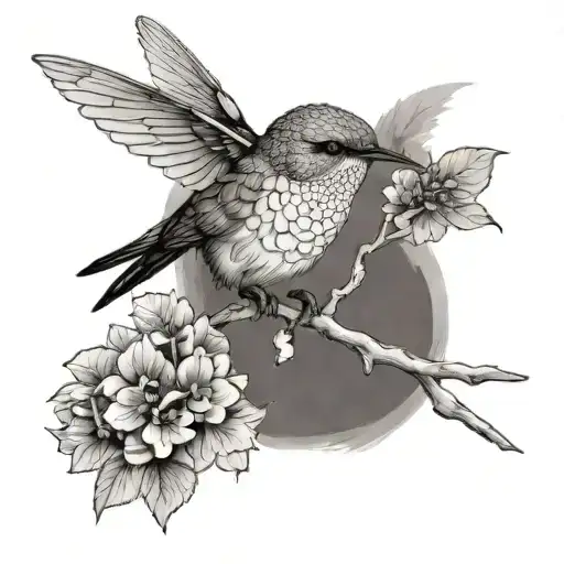 dried hydrangeas and hummingbird black and grey few flowers on branch  tattoo design idea