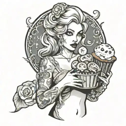 A sexy lady holding a money bag shaped like a muffin tattoo design idea
