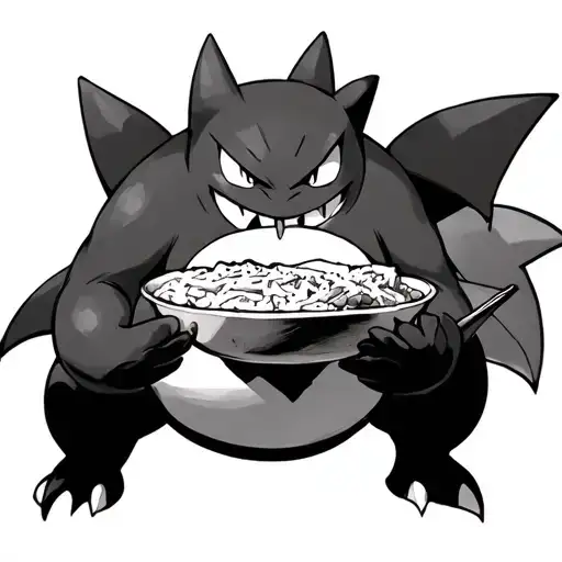 gengar, snorlax, ninetails, gyardos, charizard eating food tattoo design idea