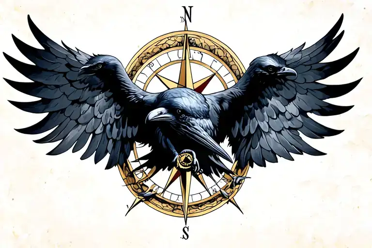 raven flying with open wings and compass rose intertwined tattoo design idea