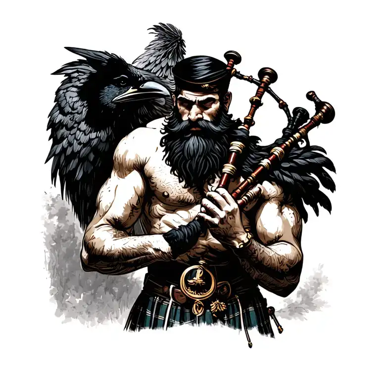 bagpiper with black beard with crow featherd muscular body with a mans head and hands playing blackbagpipes tattoo design idea