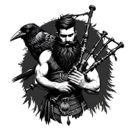 bagpiper with black beard with crow featherd muscular body with a mans head and hands playing blackbagpipes tattoo design idea