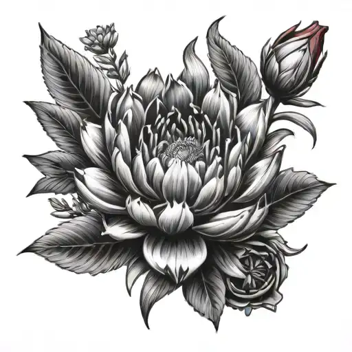 protea flower interlocked with red poppy and red rose tattoo design idea