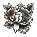 protea flower interlocked with red poppy and red rose tattoo design idea