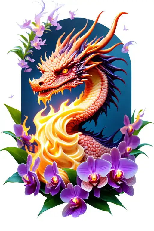 Dragon breathing fire made of cake batter, surrounded by orchid blooms tattoo design idea
