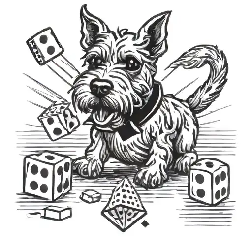 monopoly Scottie dog playing piece with two dice in its mouth tattoo design idea