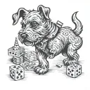 monopoly Scottie dog playing piece with two dice in its mouth tattoo design idea
