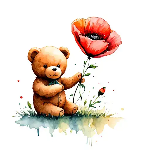 teddy bear holding a poppy flower like a balloon floating tattoo design idea