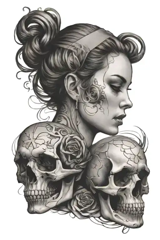 woman with her face half skull tattoo design idea