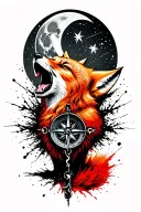 Angry ginger fox howling at the moon with the compass on it in forest. Add Belarus traditional symbols. tattoo design idea