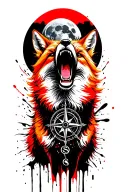 Angry ginger fox howling at the moon with the compass on it in forest. Add Belarus traditional symbols. tattoo design idea