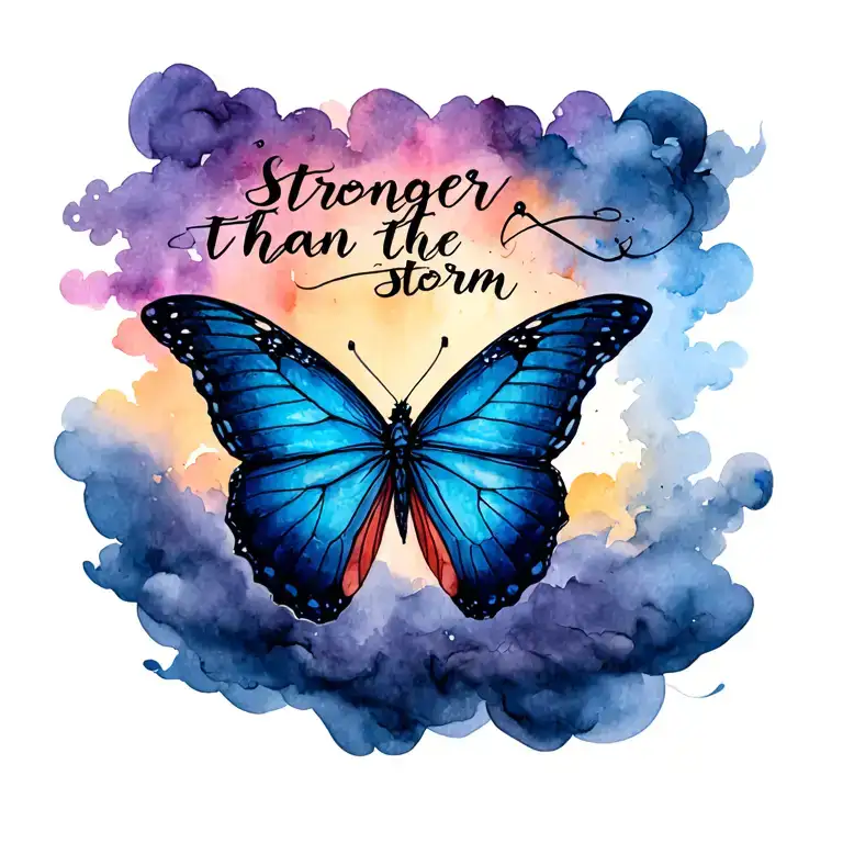 "Stronger than the storm" butterfly emerging from storm clouds tattoo design idea