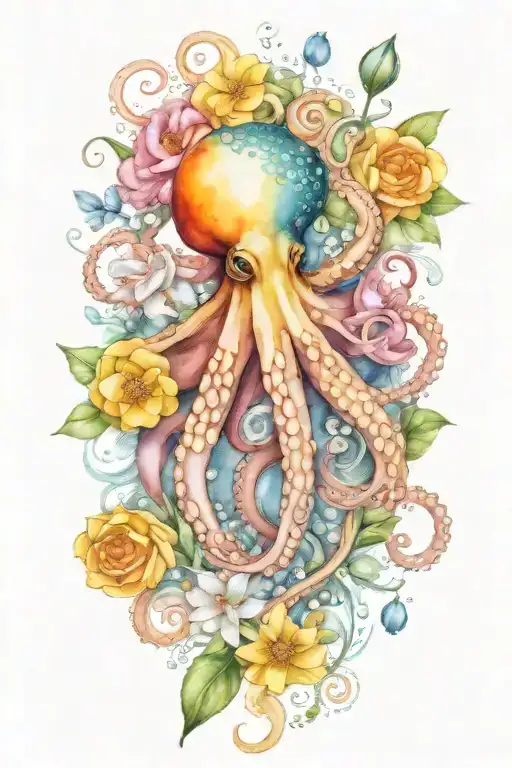 octopus, snowdrop, rose,  marigold flower tattoo design idea