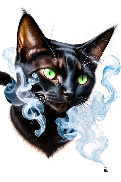 black cat with green eyes smoking tattoo design idea