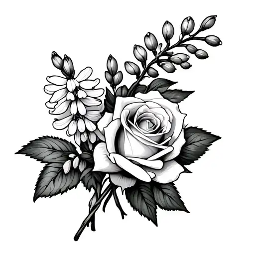bundle of hyacinths and a rose intertwined - simple  tattoo design idea