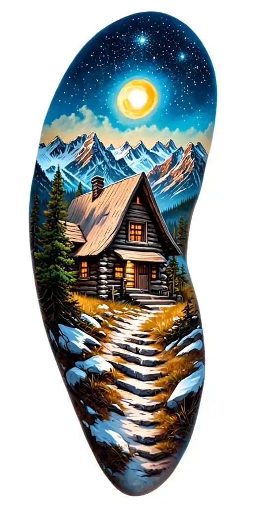A mountain trail, with a log cabin ahead surrounded by mountains and a starry sky tattoo design idea