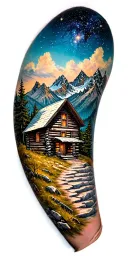 A mountain trail, with a log cabin ahead surrounded by mountains and a starry sky tattoo design idea