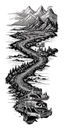 map with landmarks with road, mountains, trex fire truck, fast car drum set, cassette tape tattoo design idea