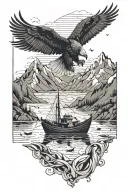silhouette in a fishing boat in the mountains, eagle soaring in the far distant, playing cards tattoo design idea