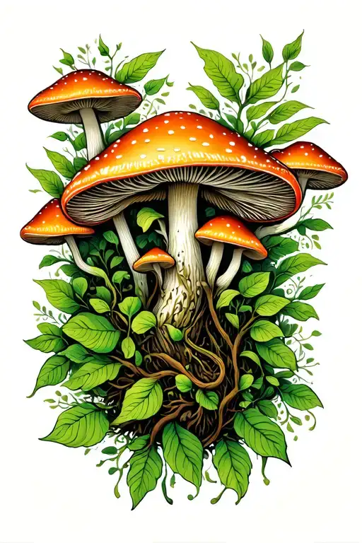 psilocybin mushrooms with ayahuasca vines intertwining tattoo design idea