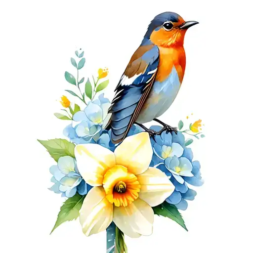 robin daffodil hydrangea feather tattoo design idea