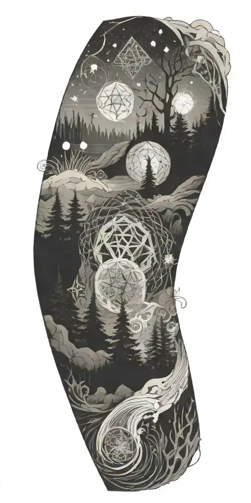 flowing waves, surrounded by a mystical forest scene, with subtle elements of sacred geometry and glowing stars in b&w tattoo design idea