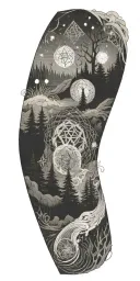 flowing waves, surrounded by a mystical forest scene, with subtle elements of sacred geometry and glowing stars in b&w tattoo design idea