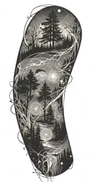 flowing waves, surrounded by a mystical forest scene, with subtle elements of sacred geometry and glowing stars in b&w tattoo design idea