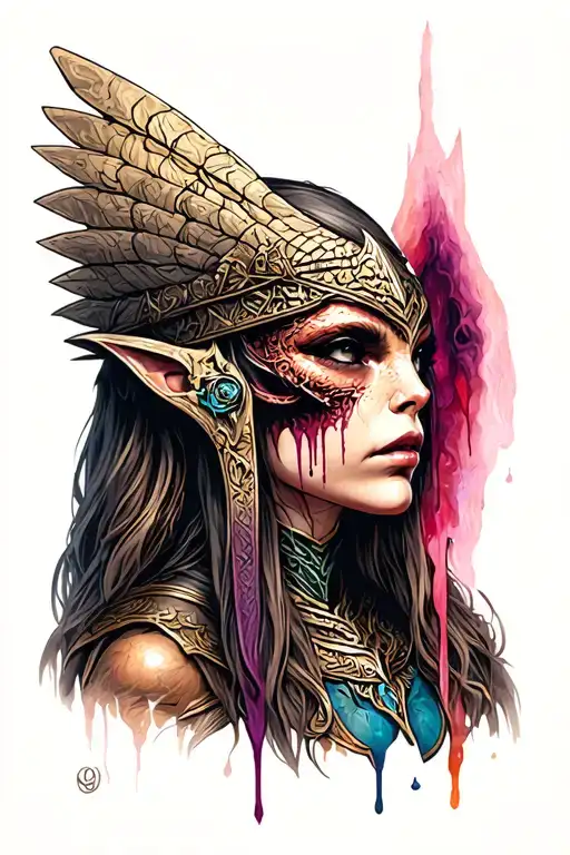 valkyrie alien goddess as zelda tears facing foreward tattoo design idea