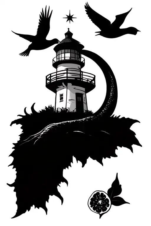 lighthouse, North Star, two swallows fliying, skeleton heavy horns and a figtree leaf and half fig tattoo design idea