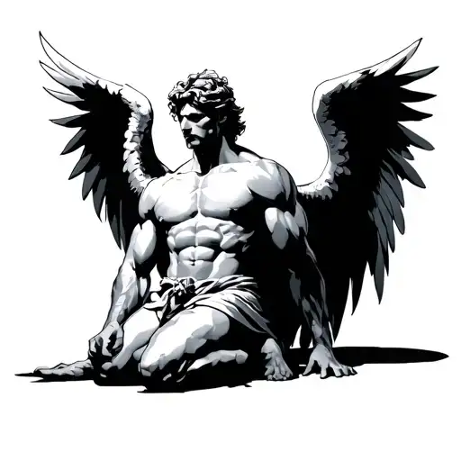 powerful angel well muscular kneeling with one knee his wings are huge and longer than him above his head  tattoo design idea