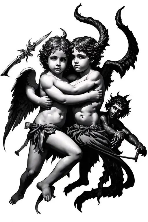 Sketch of a black&grey tattoo: two cupids - a light one with a weapon and a dark demon with a bow, the contrast of love and darkness tattoo design idea