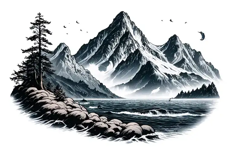 Mountain that flows into the sea with a bed tattoo design idea