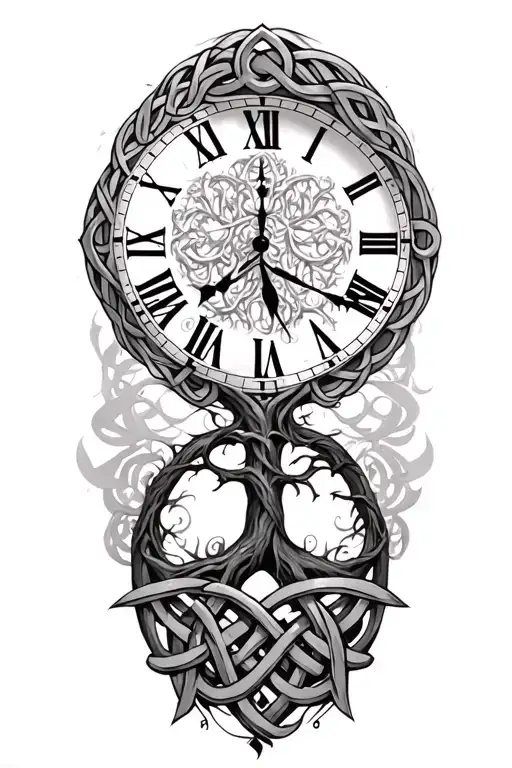 celtic tree of life clock surrounded by celtic knot tattoo design idea