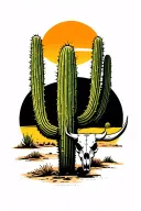 desert setting with large cactus in the foreground with a small bull skull next to it the sun is setting in the backgrou tattoo design idea
