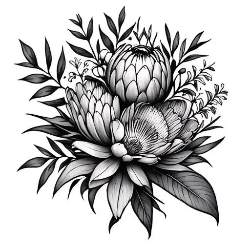 protea, Waratah, clematis, heath flower bouquet with gum leaves  tattoo design idea